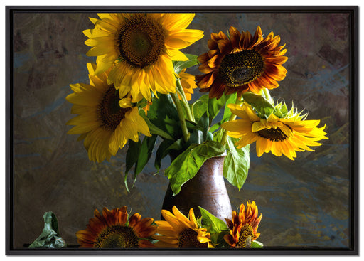 Sonnenblumen in edler Vase auf Leinwandbild gerahmt Größe 100x70
