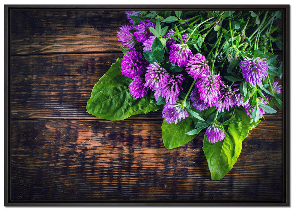 Kleeblüten auf Holz auf Leinwandbild gerahmt Größe 100x70