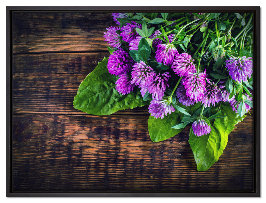 Kleeblüten auf Holz auf Leinwandbild gerahmt Größe 80x60