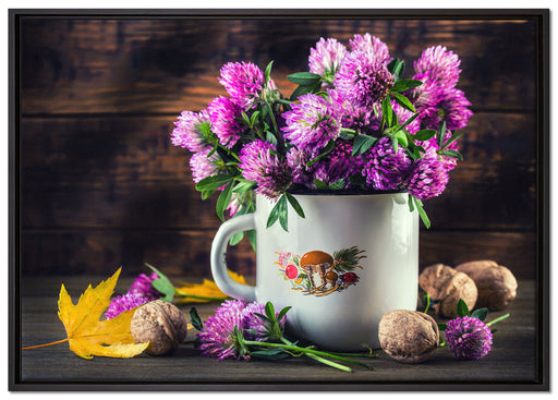 Kleeblüten in Blechtopf auf Leinwandbild gerahmt Größe 100x70