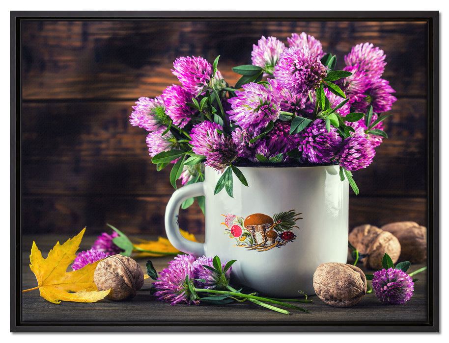 Kleeblüten in Blechtopf auf Leinwandbild gerahmt Größe 80x60