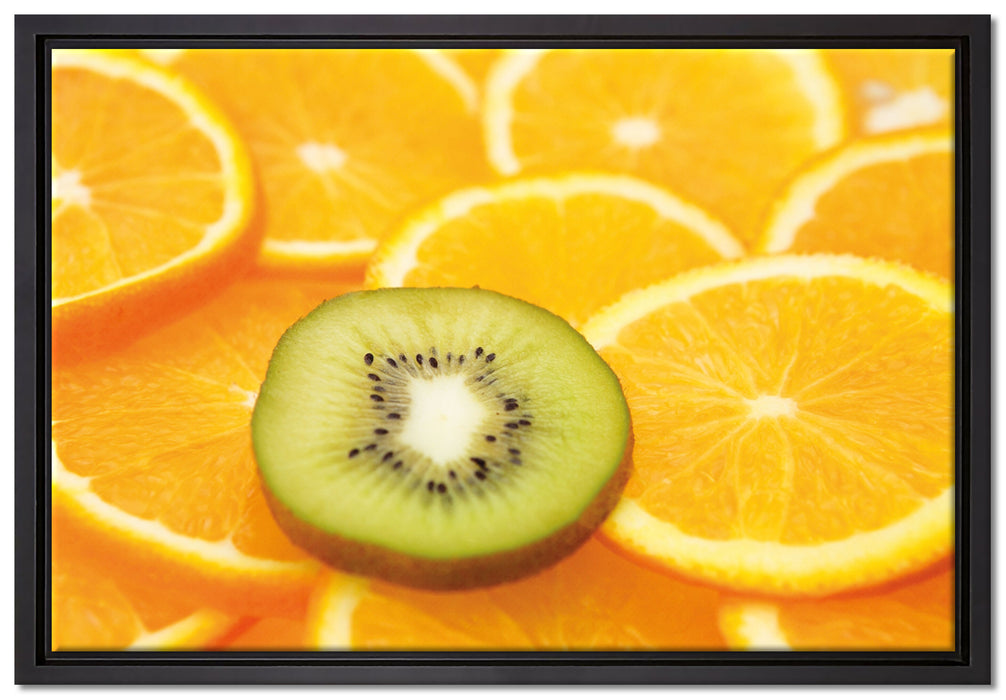 Kiwi verirrt in Orangenscheiben auf Leinwandbild gerahmt Größe 60x40