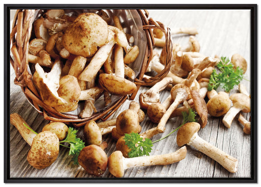 Pilzkörbchen auf Holz auf Leinwandbild gerahmt Größe 100x70