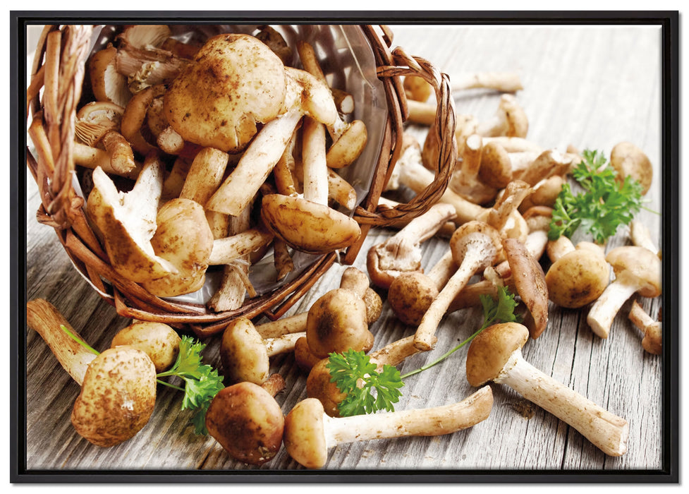 Pilzkörbchen auf Holz auf Leinwandbild gerahmt Größe 100x70