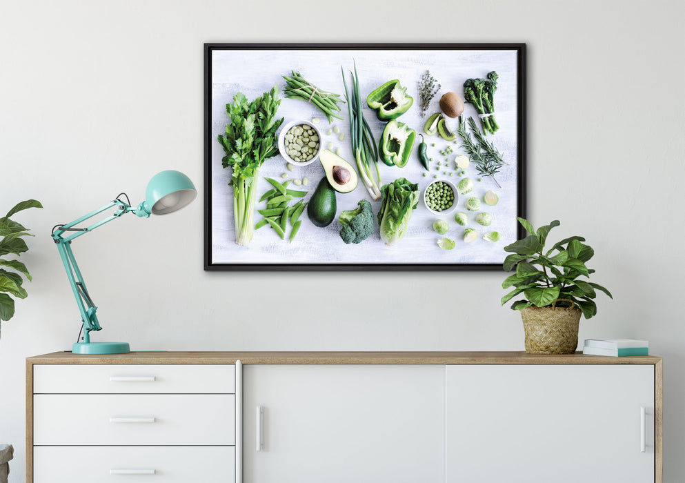 Grüne Gemüse Obst Vielfalt auf Leinwandbild gerahmt verschiedene Größen im Wohnzimmer