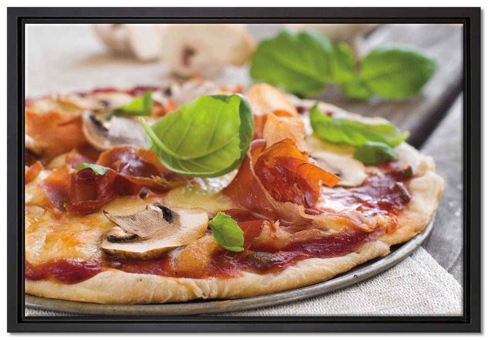 Pizza mit Schinken und Pilzen auf Leinwandbild gerahmt Größe 60x40