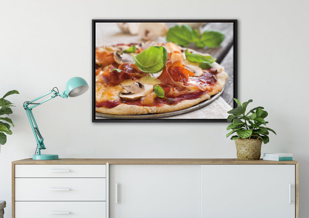 Pizza mit Schinken und Pilzen auf Leinwandbild gerahmt verschiedene Größen im Wohnzimmer