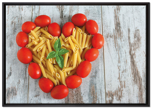 Nudelherz mit Tomaten umrandet auf Leinwandbild gerahmt Größe 100x70
