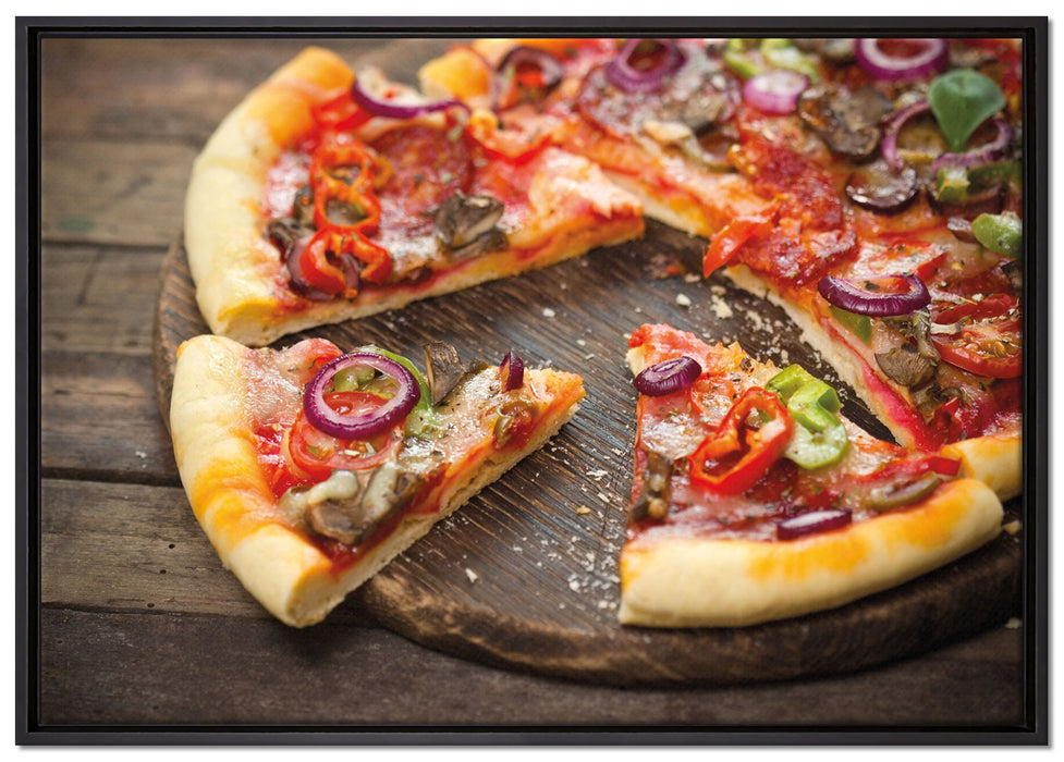 Leckere Pizza auf Holztisch auf Leinwandbild gerahmt Größe 100x70