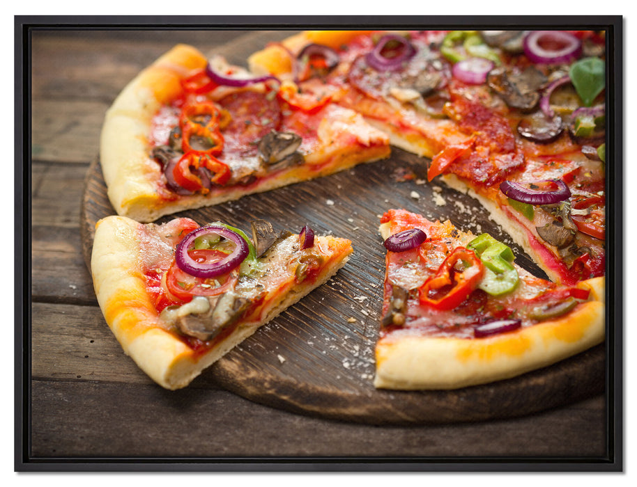 Leckere Pizza auf Holztisch auf Leinwandbild gerahmt Größe 80x60