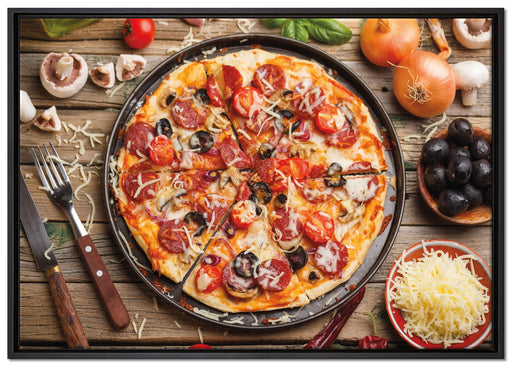 Leckere Pizza auf Holztisch auf Leinwandbild gerahmt Größe 100x70