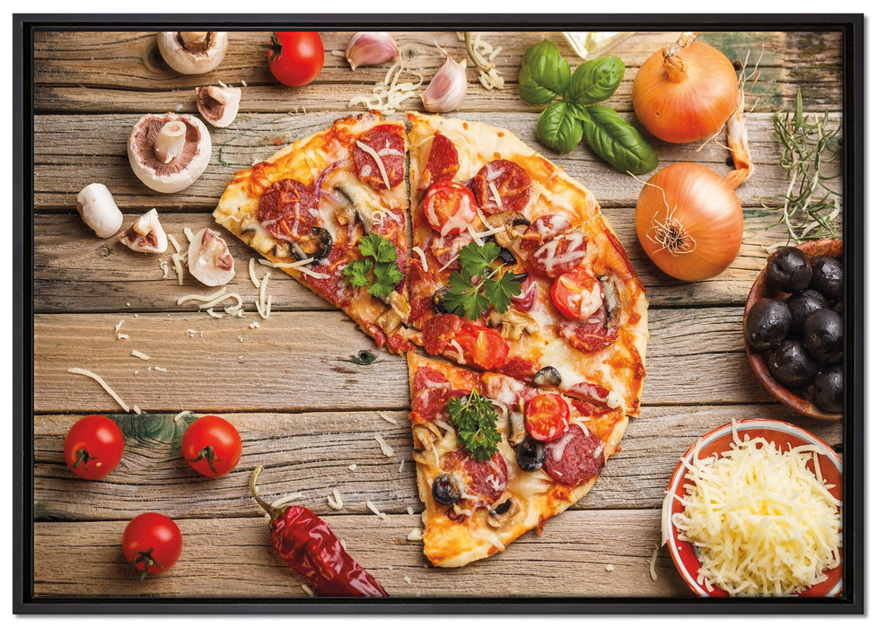 Pizza Italia auf Holztisch auf Leinwandbild gerahmt Größe 100x70