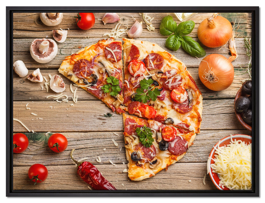 Pizza Italia auf Holztisch auf Leinwandbild gerahmt Größe 80x60