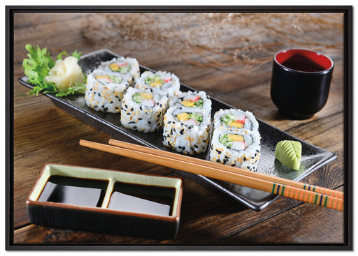 Delikate Inside Out Sushi Rollen auf Leinwandbild gerahmt Größe 100x70