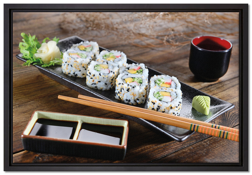 Delikate Inside Out Sushi Rollen auf Leinwandbild gerahmt Größe 60x40