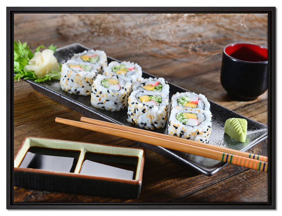 Delikate Inside Out Sushi Rollen auf Leinwandbild gerahmt Größe 80x60