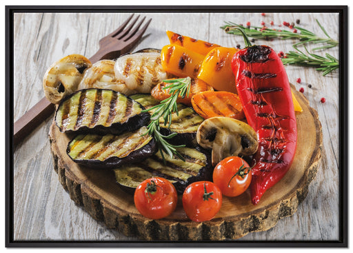 Grillplatte auf Baumstammteller auf Leinwandbild gerahmt Größe 100x70