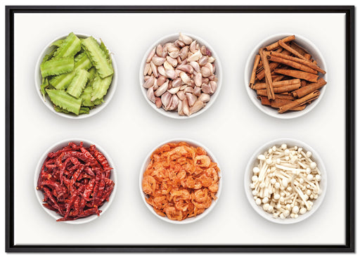 Gewürze in weißen Schälchen auf Leinwandbild gerahmt Größe 100x70