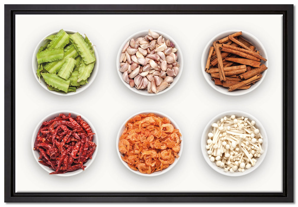 Gewürze in weißen Schälchen auf Leinwandbild gerahmt Größe 60x40