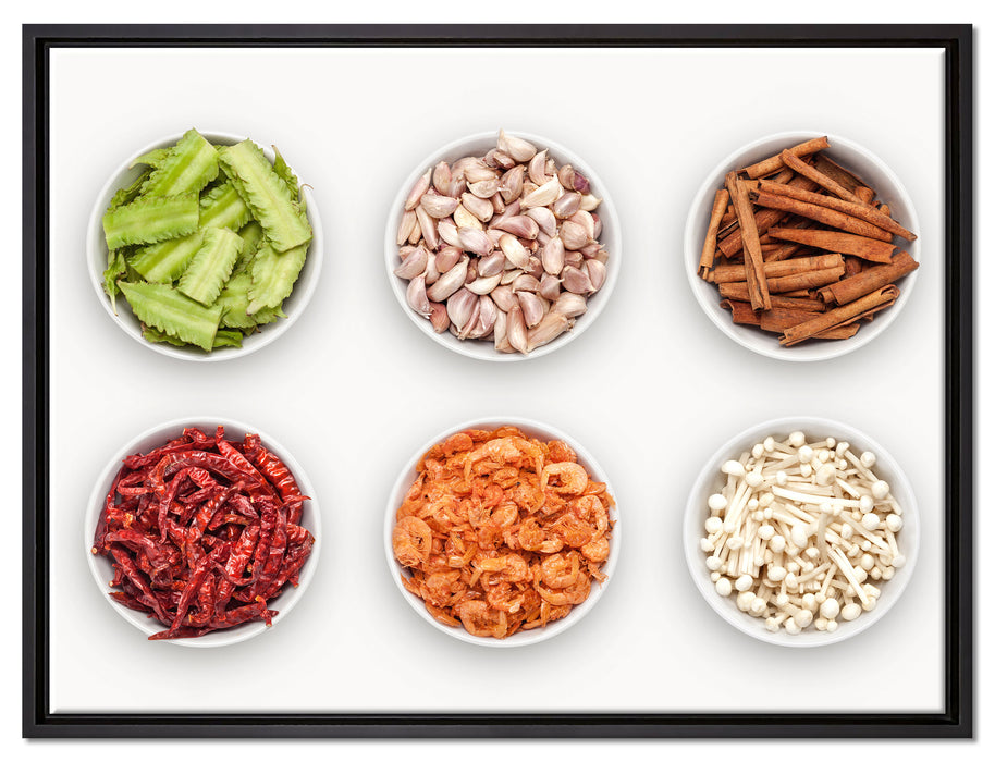 Gewürze in weißen Schälchen auf Leinwandbild gerahmt Größe 80x60