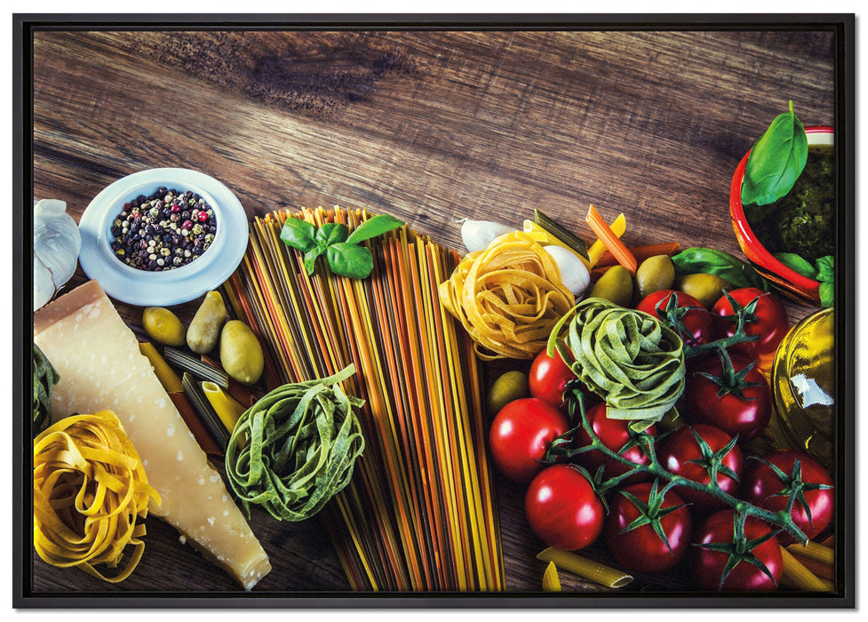 Pasta Italia mit Tomaten auf Leinwandbild gerahmt Größe 100x70