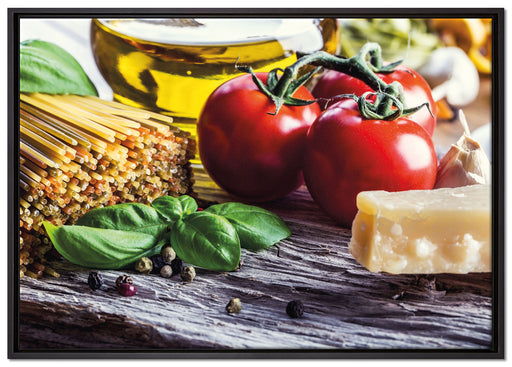 Spaghetti Tomaten Parmesan auf Leinwandbild gerahmt Größe 100x70