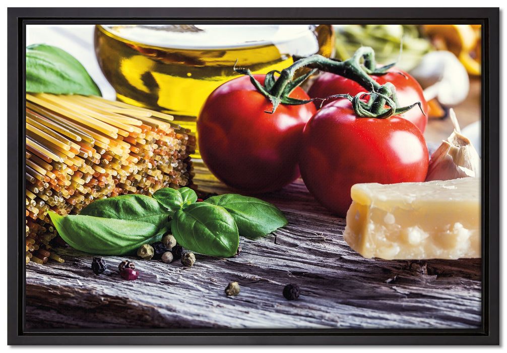 Spaghetti Tomaten Parmesan auf Leinwandbild gerahmt Größe 60x40