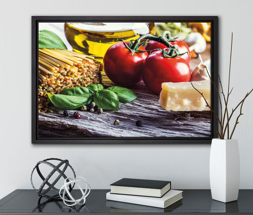 Spaghetti Tomaten Parmesan auf Leinwandbild gerahmt mit Kirschblüten