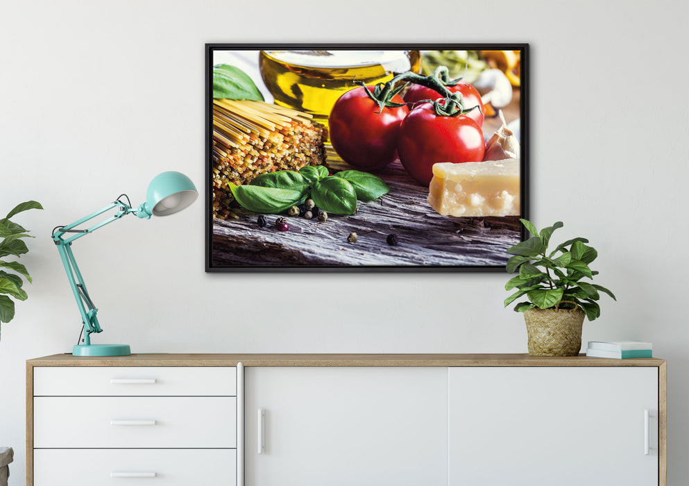 Spaghetti Tomaten Parmesan auf Leinwandbild gerahmt verschiedene Größen im Wohnzimmer