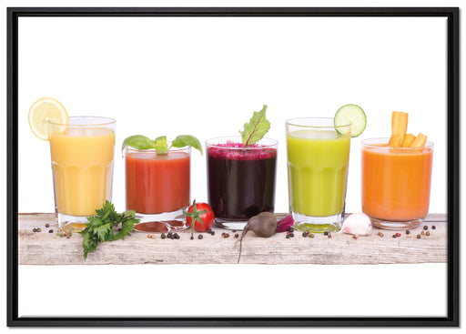 Gesunde Bio Fruchtsäfte auf Leinwandbild gerahmt Größe 100x70