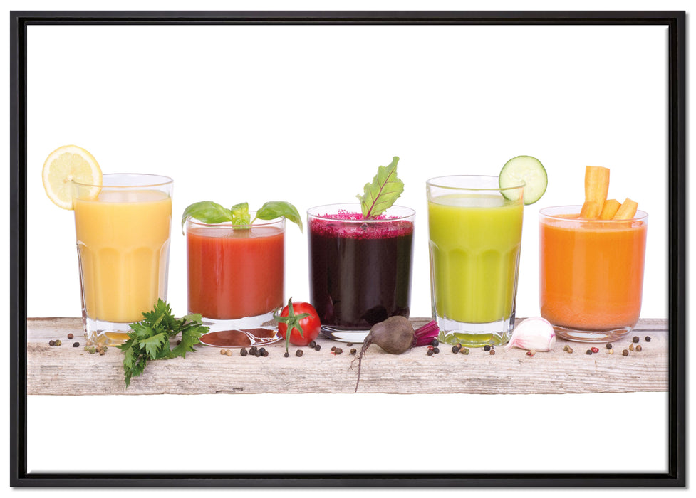 Gesunde Bio Fruchtsäfte auf Leinwandbild gerahmt Größe 100x70