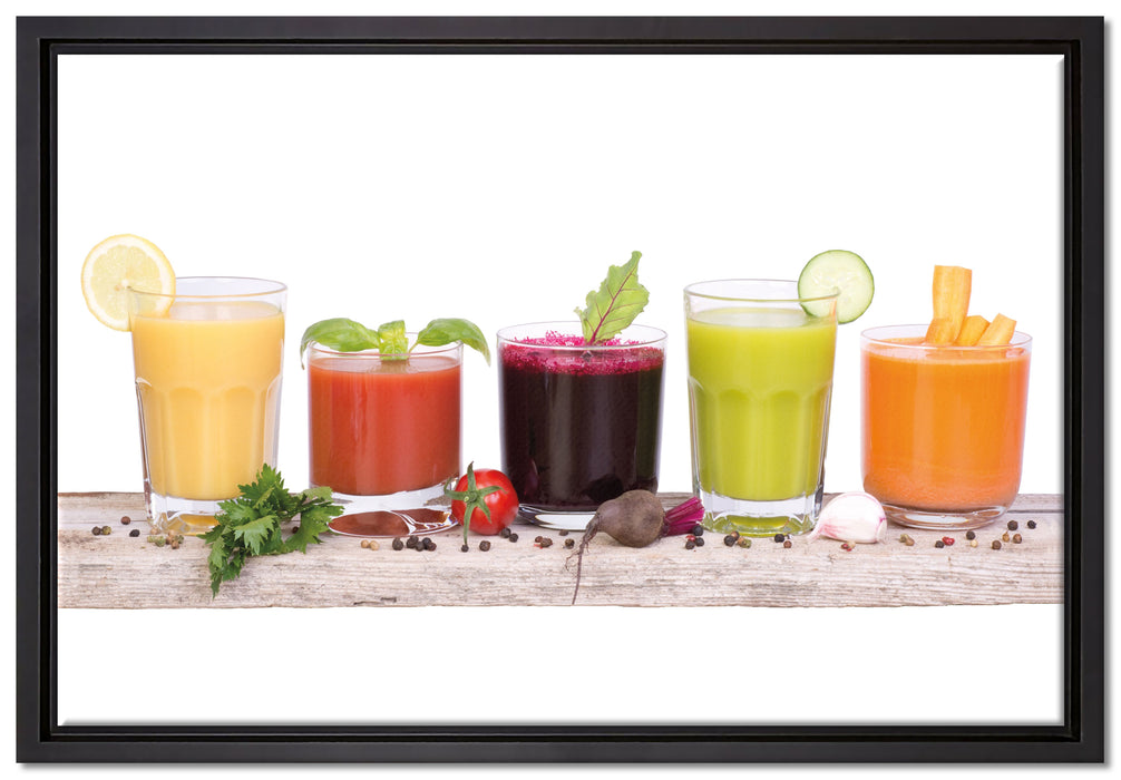 Gesunde Bio Fruchtsäfte auf Leinwandbild gerahmt Größe 60x40