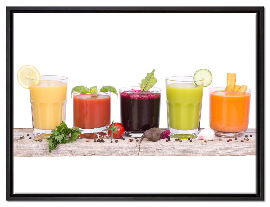 Gesunde Bio Fruchtsäfte auf Leinwandbild gerahmt Größe 80x60