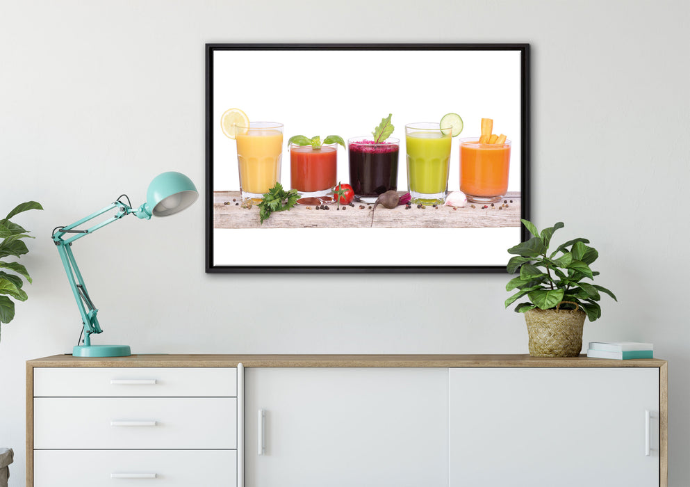 Gesunde Bio Fruchtsäfte auf Leinwandbild gerahmt verschiedene Größen im Wohnzimmer