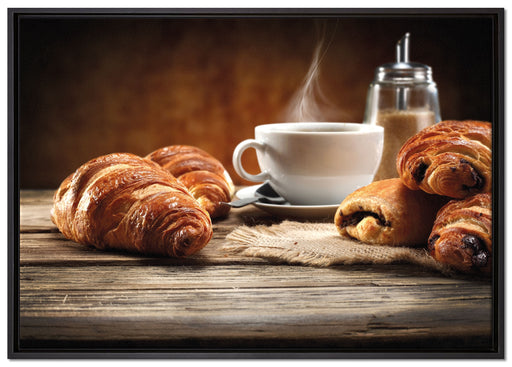 Croissant zum Kaffee auf Leinwandbild gerahmt Größe 100x70