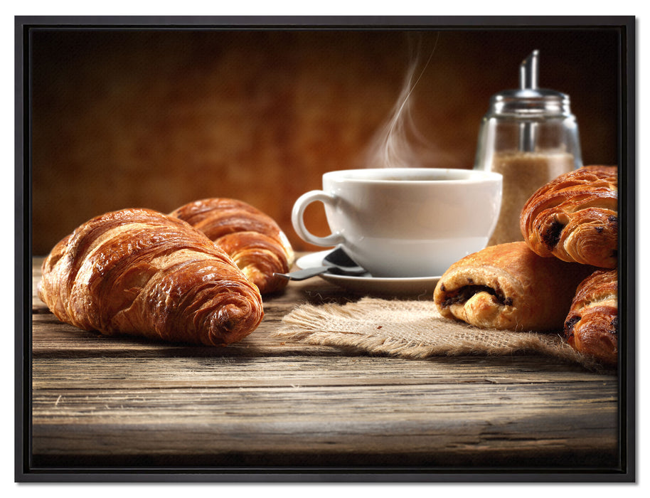 Croissant zum Kaffee auf Leinwandbild gerahmt Größe 80x60