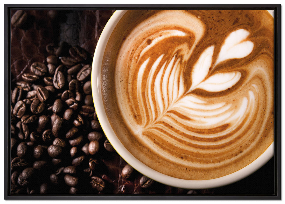Tasse Kaffee mit Schaumherz auf Leinwandbild gerahmt Größe 100x70