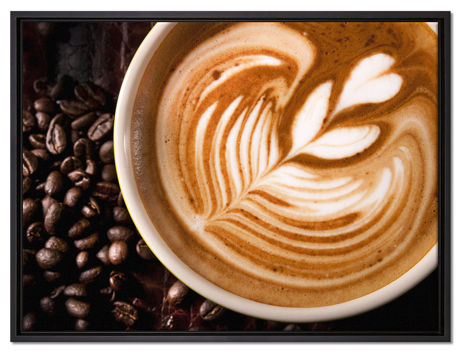 Tasse Kaffee mit Schaumherz auf Leinwandbild gerahmt Größe 80x60