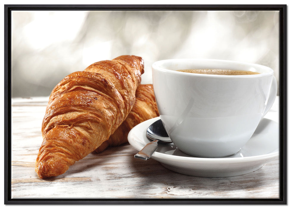 Frisches Croissant und Kaffee auf Leinwandbild gerahmt Größe 100x70
