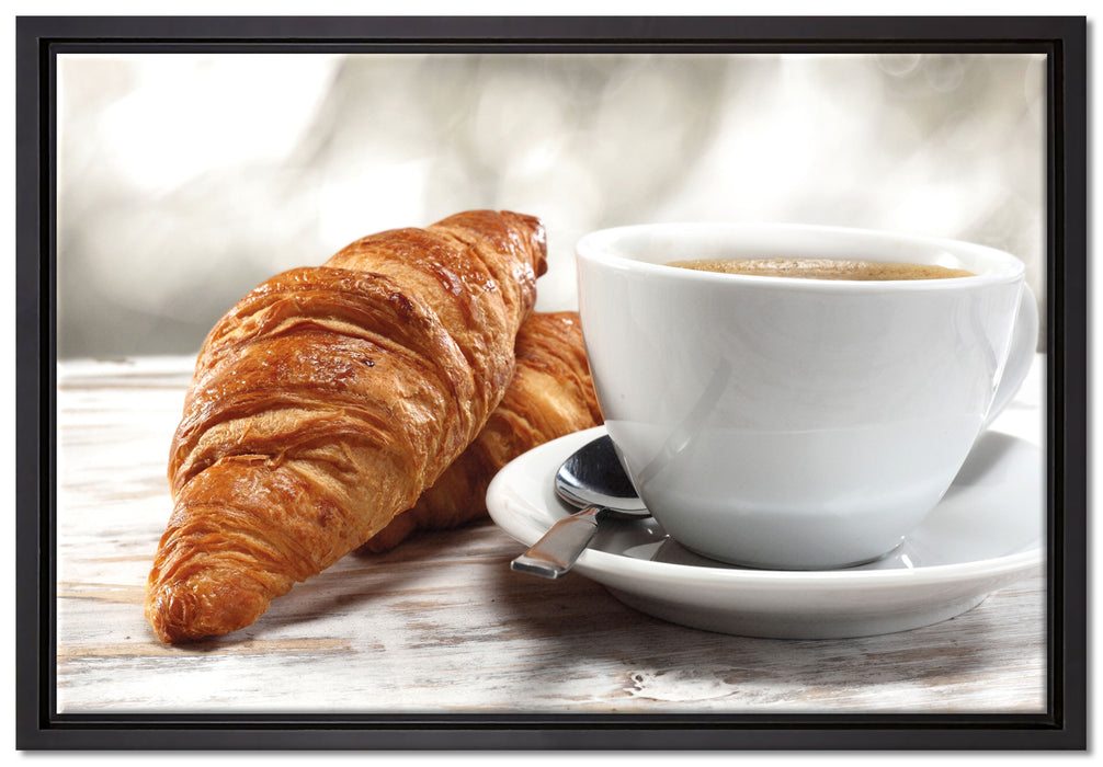 Frisches Croissant und Kaffee auf Leinwandbild gerahmt Größe 60x40