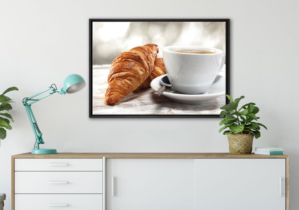 Frisches Croissant und Kaffee auf Leinwandbild gerahmt verschiedene Größen im Wohnzimmer