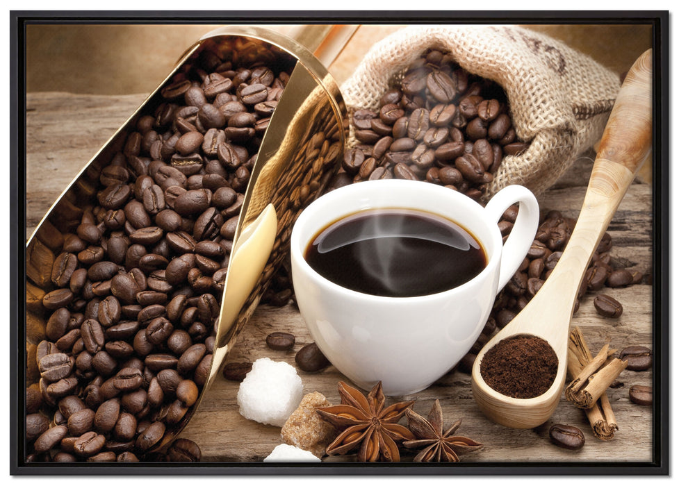 Edler Kaffee und Kaffeebohnen auf Leinwandbild gerahmt Größe 100x70
