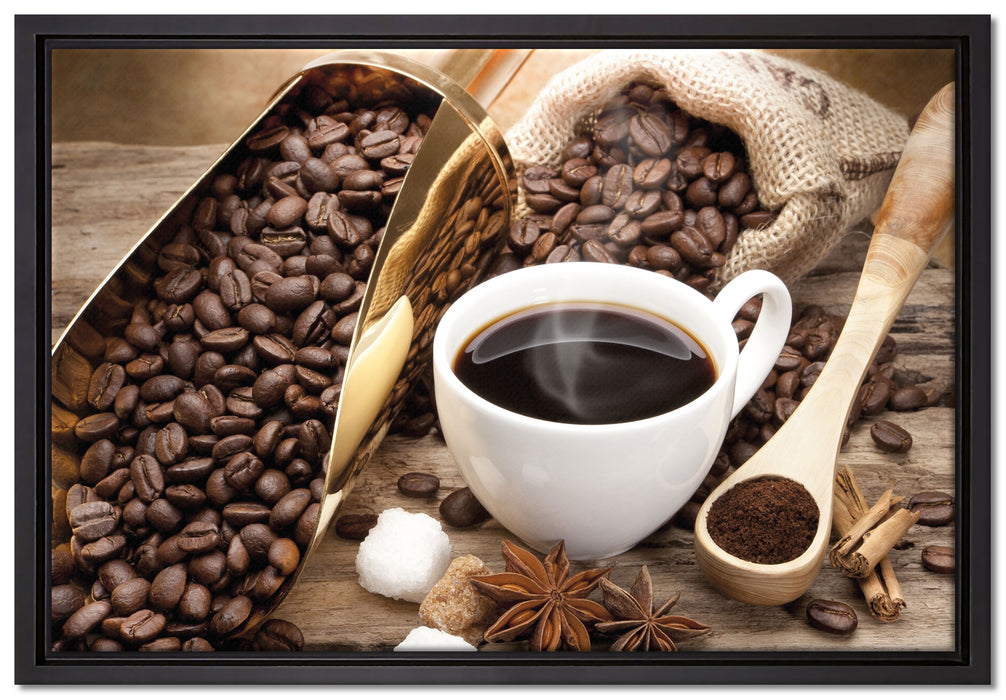 Edler Kaffee und Kaffeebohnen auf Leinwandbild gerahmt Größe 60x40