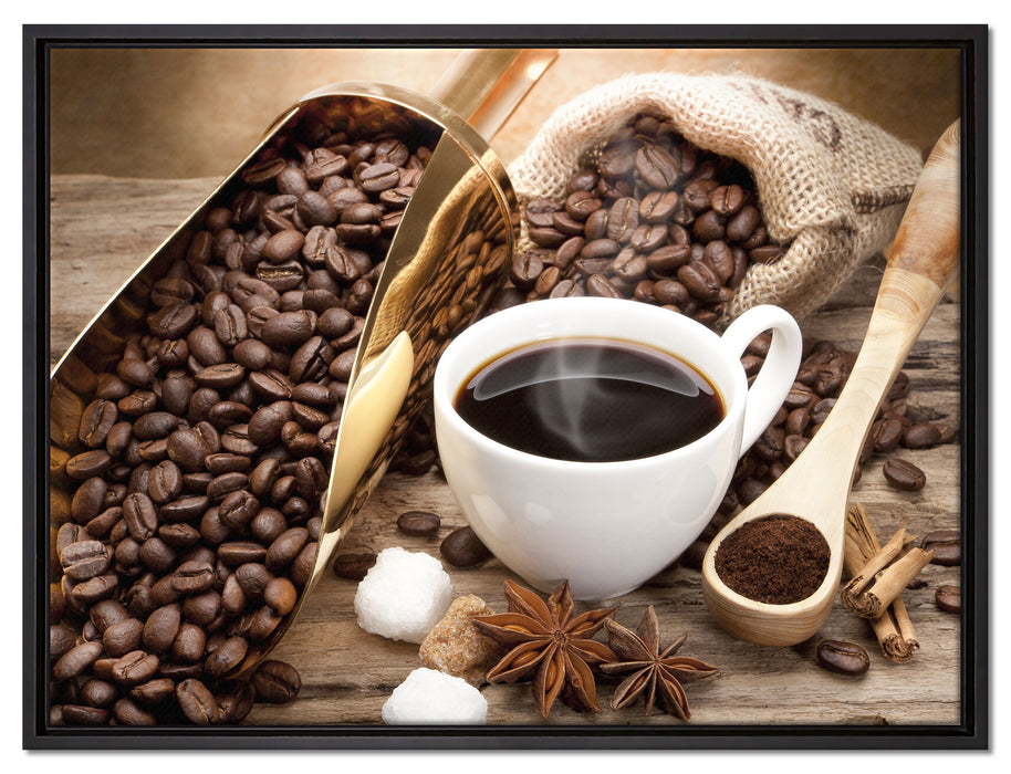 Edler Kaffee und Kaffeebohnen auf Leinwandbild gerahmt Größe 80x60