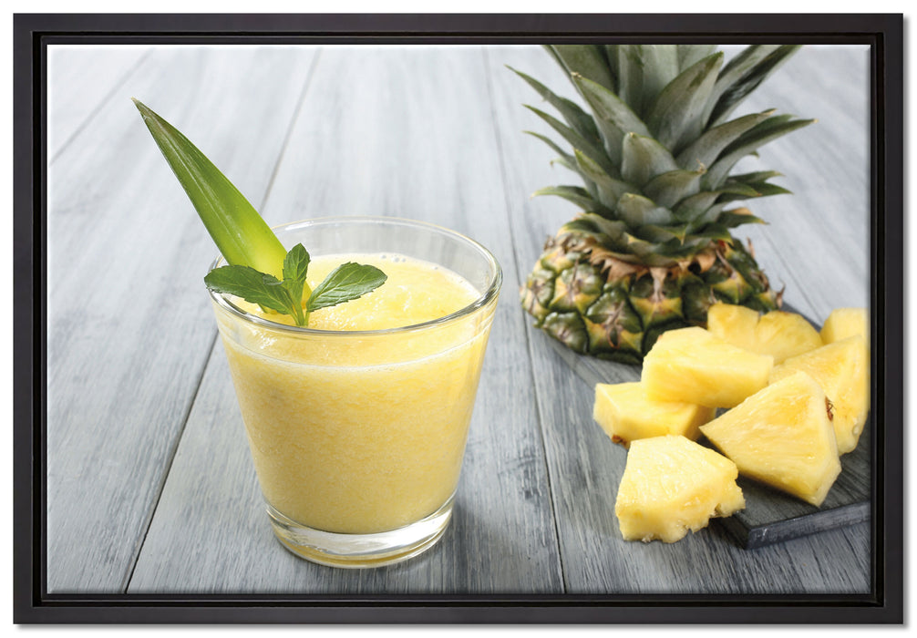 Ananas Cocktail auf Holztisch auf Leinwandbild gerahmt Größe 60x40