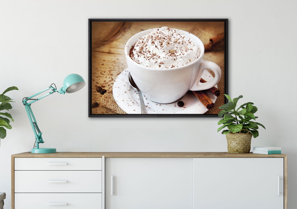 Frischer Kaffee mit Schokostreusel auf Leinwandbild gerahmt verschiedene Größen im Wohnzimmer