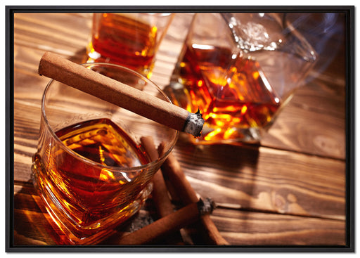Edler Whiskey mit Zigarre auf Leinwandbild gerahmt Größe 100x70