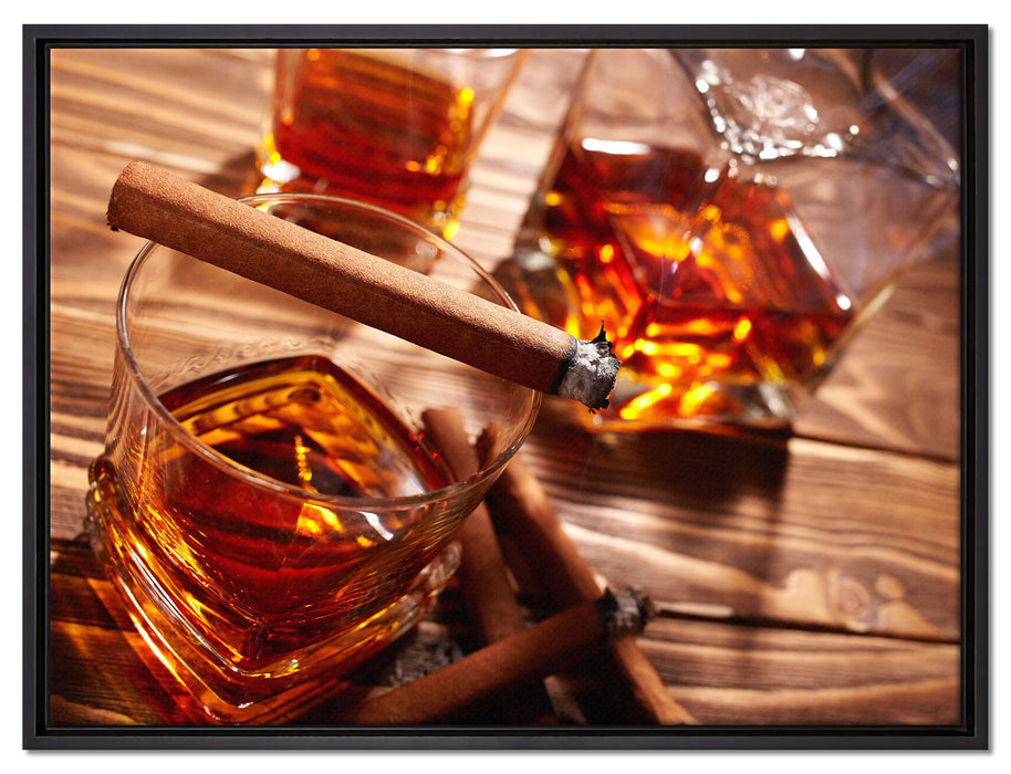 Edler Whiskey mit Zigarre auf Leinwandbild gerahmt Größe 80x60