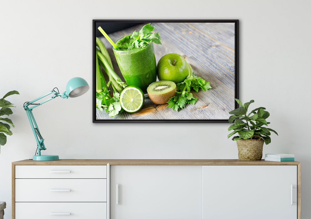 BIO Smoothie Apfel Limette Kiwi auf Leinwandbild gerahmt verschiedene Größen im Wohnzimmer
