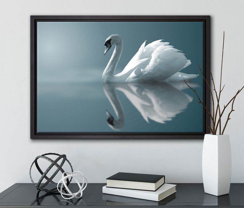 Edler weißer Schwan auf See auf Leinwandbild gerahmt mit Kirschblüten